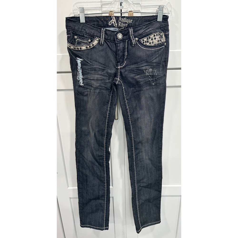 Antique Rivet‎ Women Jeans Black Distressed Embellished Pocket Size 27